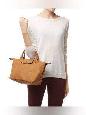 Longchamp Le Pliage Cuir Leather Small Crossbody Tote Bag Cumin Brown Silver